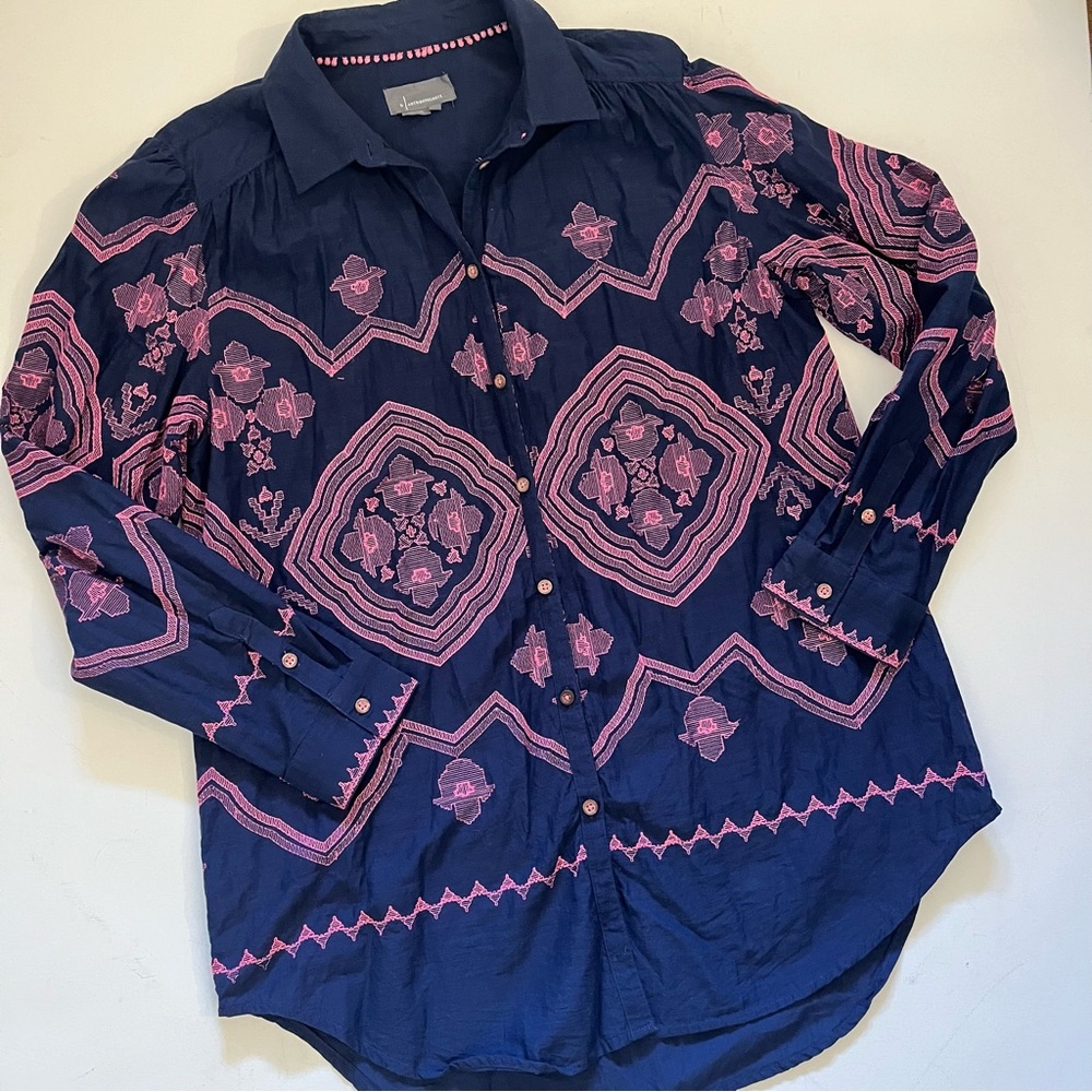 Anthropologie Pink Embroidered Navy Lightweight Button Down Shirt size Large